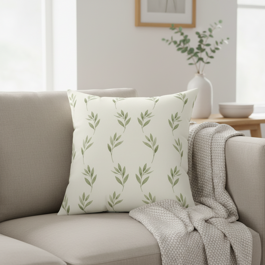 Sage green olive branch botanical throw pillow on beige sofa - 18x18 decorative pillow for living room