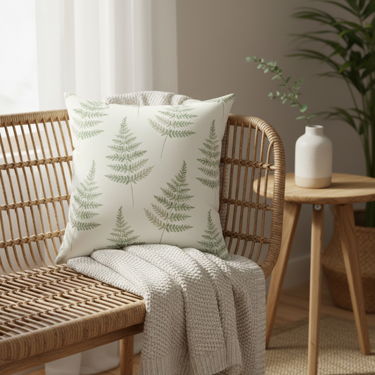 Fern pillow on rattan bench with cream throw - sage green botanical home decor
