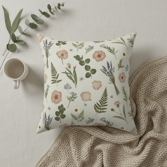 Overhead flat lay - the pillow with eucalyptus stems, coffee mug, and woven basket