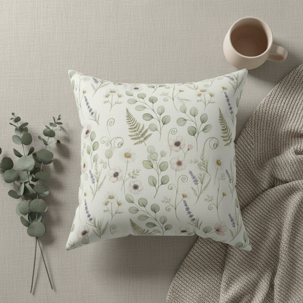 Overhead flat lay of botanical throw pillow with ferns, eucalyptus, lavender and coffee mug - 18x18 cream decorative cushion