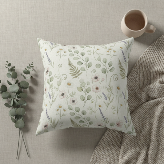 Overhead flat lay of botanical throw pillow with ferns, eucalyptus, lavender and coffee mug - 18x18 cream decorative cushion
