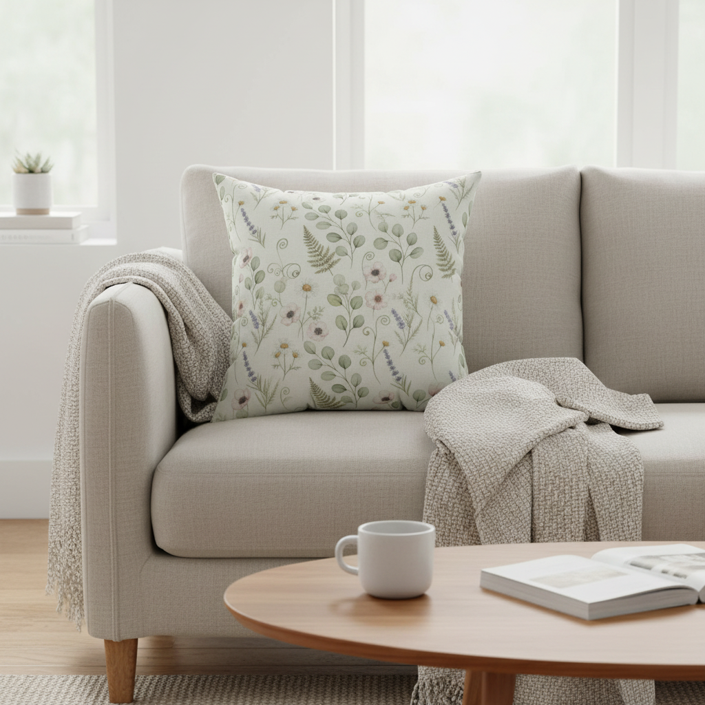 Botanical fern and eucalyptus throw pillow styled on beige armchair - spa-inspired home decor

