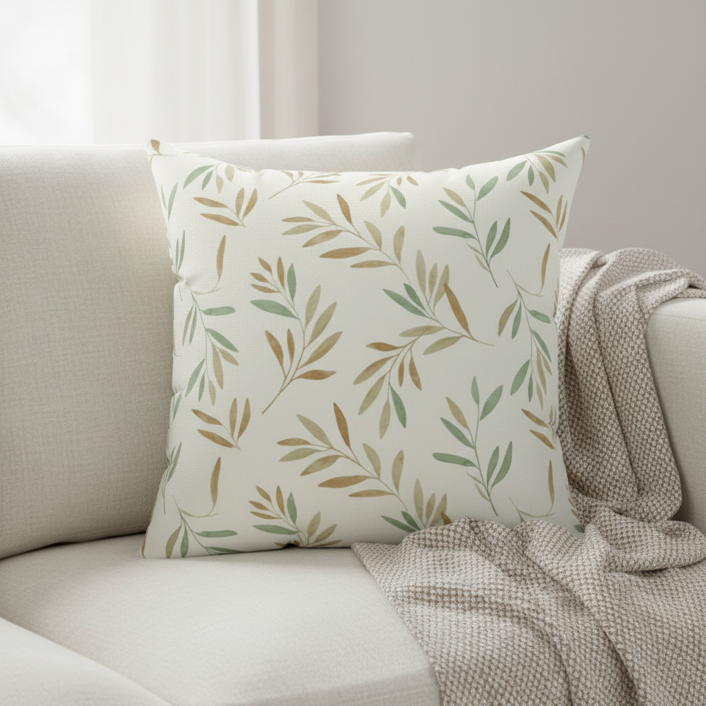 Botanical leaves throw pillow with sage green and beige pattern on cream linen sofa with textured throw blanket
