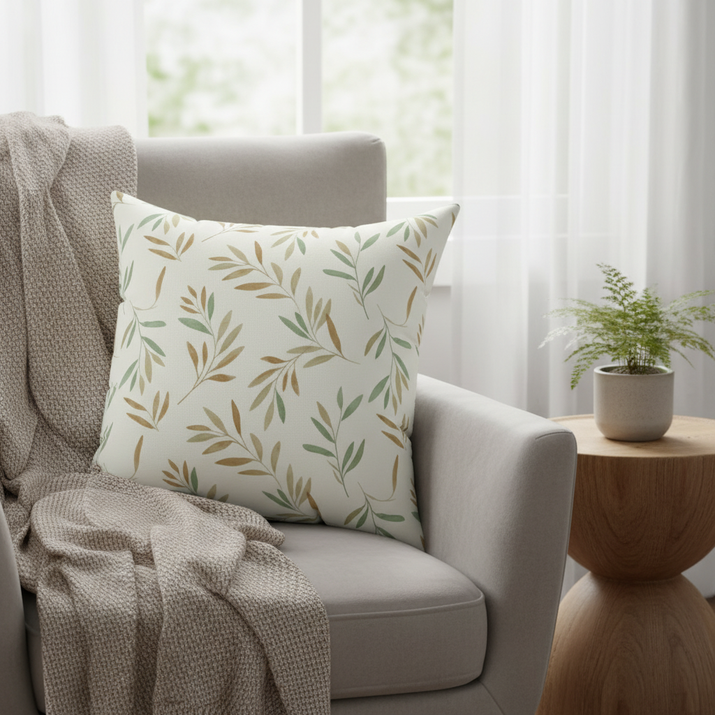 Olive and sage leaf decorative pillow on gray armchair near window, natural home decor

