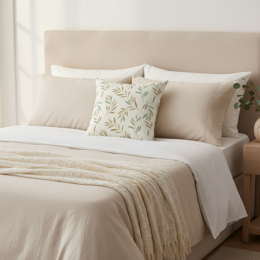 Sage green botanical pillow on neutral bed with cream linens, spa-inspired bedroom decor

