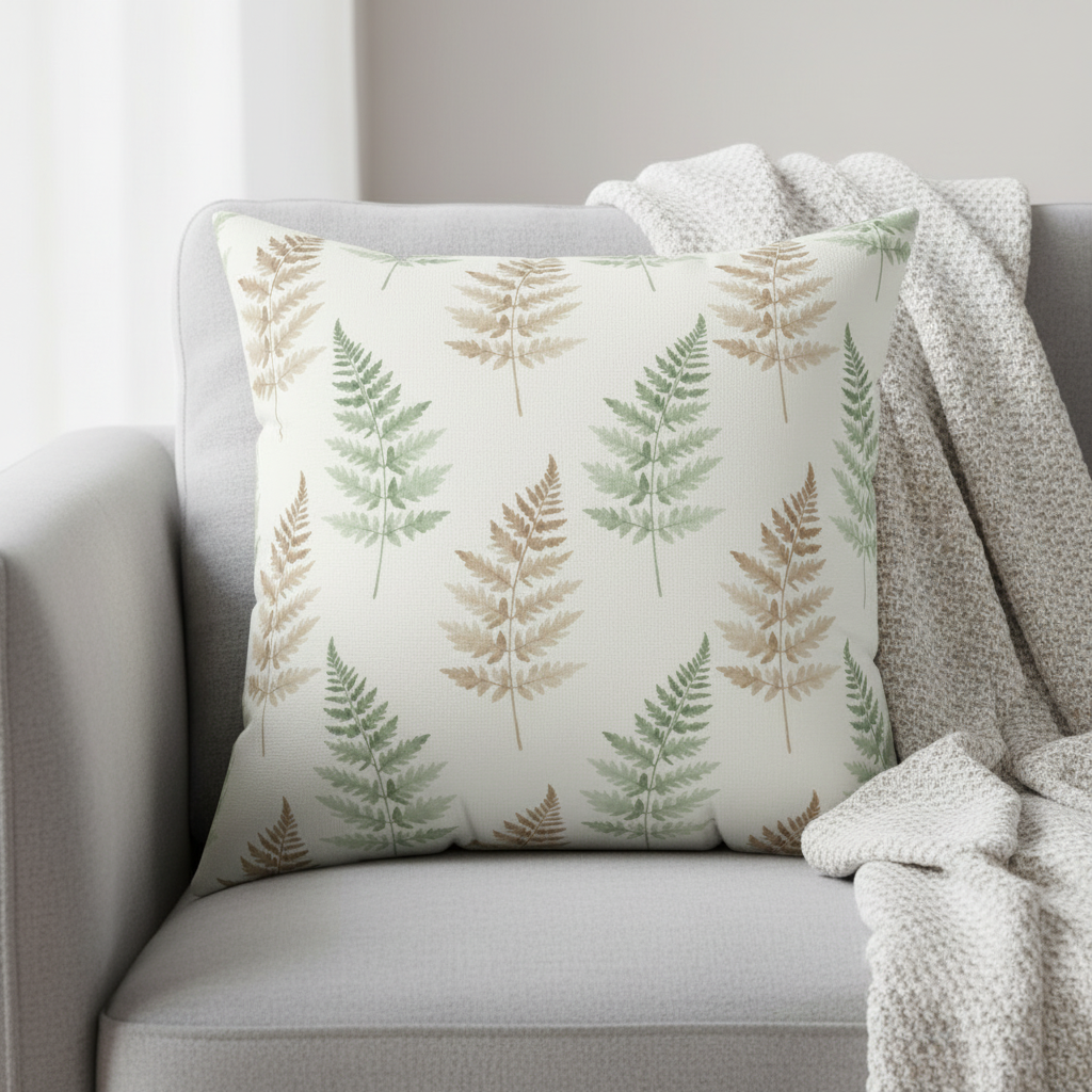Botanical fern throw pillow with green and beige leaf pattern on white linen sofa with textured throw blanket

