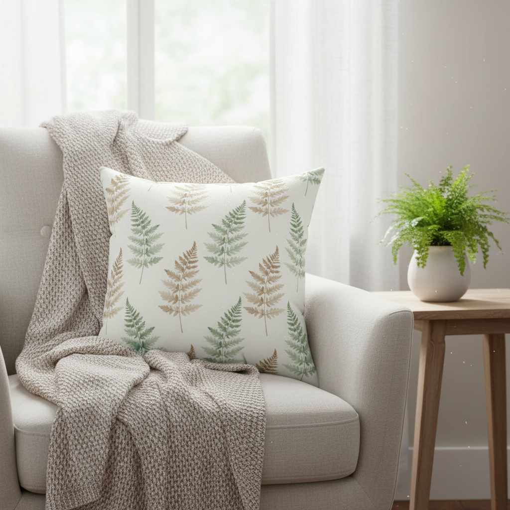 Green fern decorative pillow on gray armchair with small plant, natural home decor