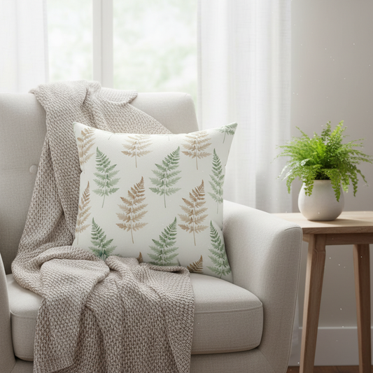 Green fern decorative pillow on gray armchair with small plant, natural home decor