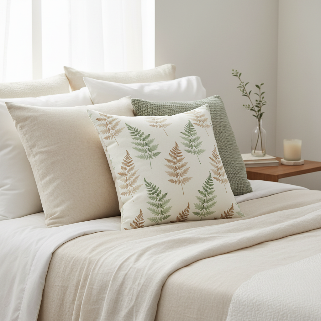 Fern pattern throw pillows on neutral bed with cream linens, botanical bedroom decor

