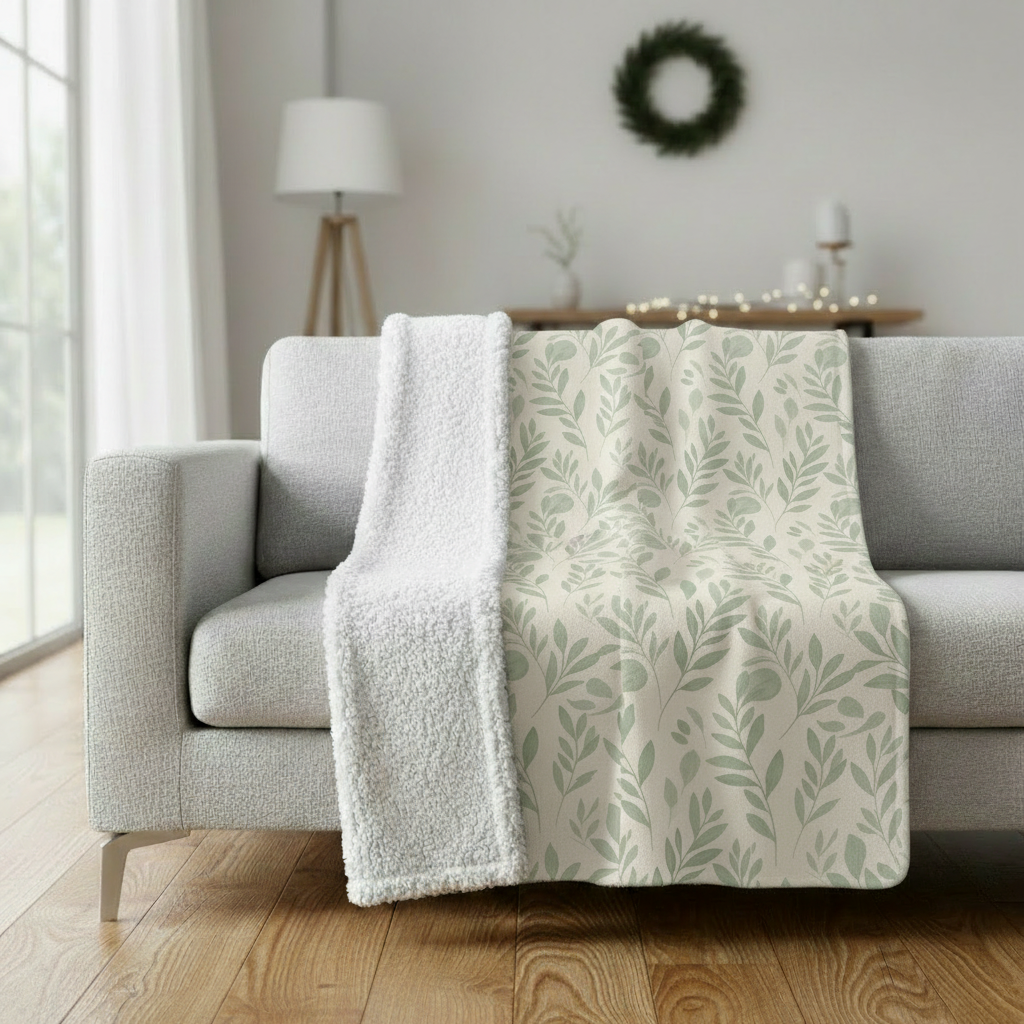 Botanical leaf pattern minky blanket draped on gray sofa