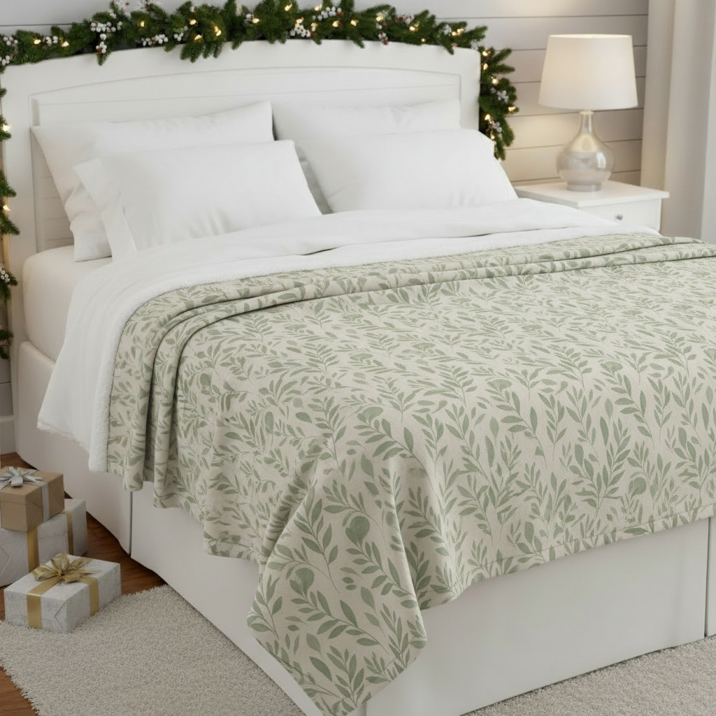 Sage green botanical blanket on white bed