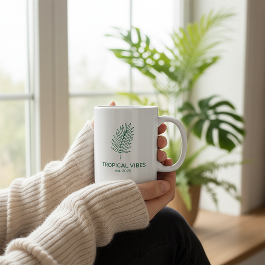 Hands in cream sweater holding Tropical Vibes ceramic mug with palm leaf design by window with tropical plants