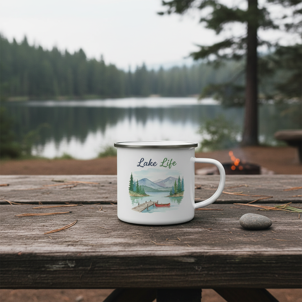 Lake Life enamel camping mug on wooden dock by serene lake with pine trees and mountains in background
