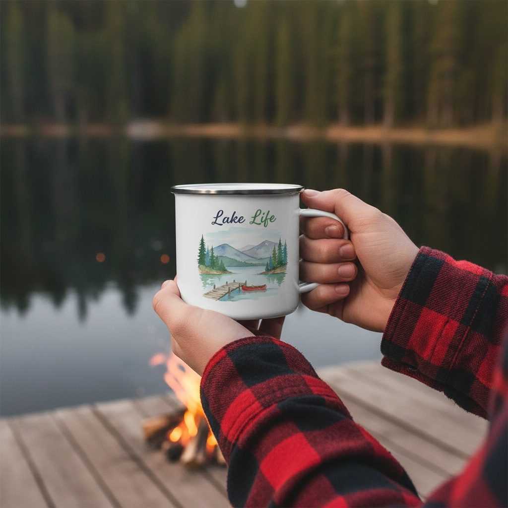 Hands in red flannel shirt holding Lake Life enamel mug with scenic lakeside illustration on wooden dock
