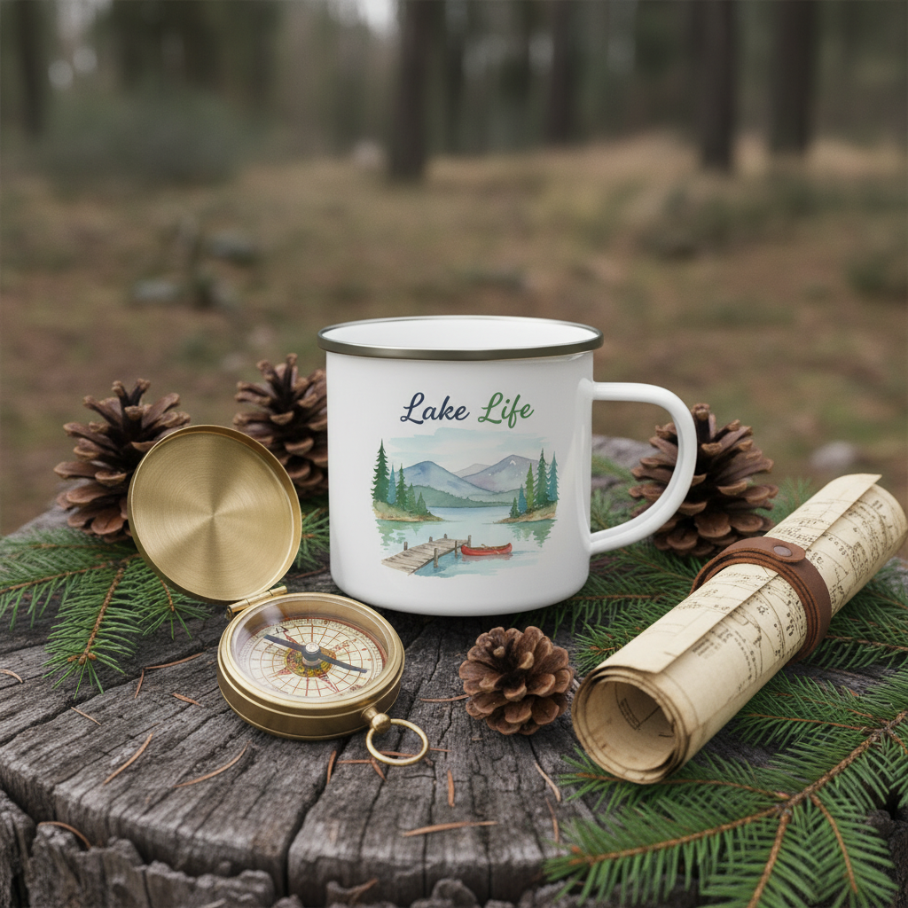 Lake Life enamel camping mug on rustic wood with birch logs and compass - outdoor adventure coffee cup



