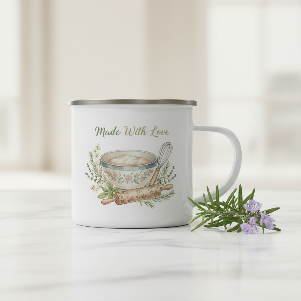 Made With Love enamel camping mug with baking illustration on white marble surface with fresh herbs - kitchen coffee cup