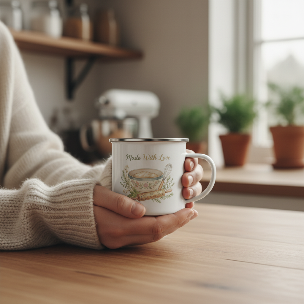 Hands in cozy sweater holding Made With Love enamel mug with mixing bowl and whisk design in farmhouse kitchen