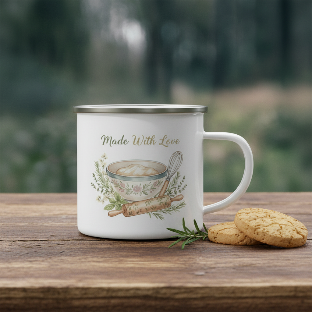 Made With Love enamel camping mug with watercolor baking illustration on rustic wooden table with herb sprig



