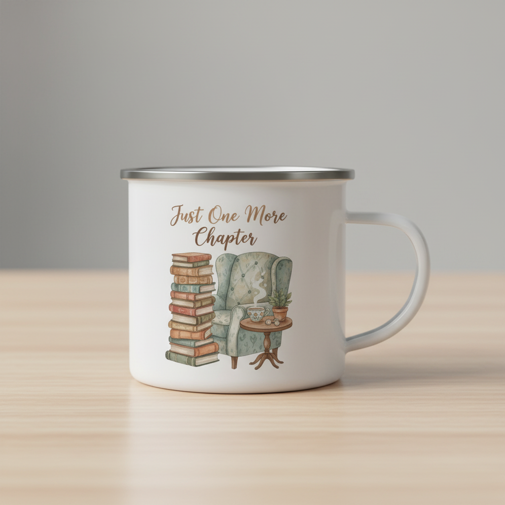 Just One More Chapter enamel camping mug with watercolor book stack and armchair illustration on light wooden surface