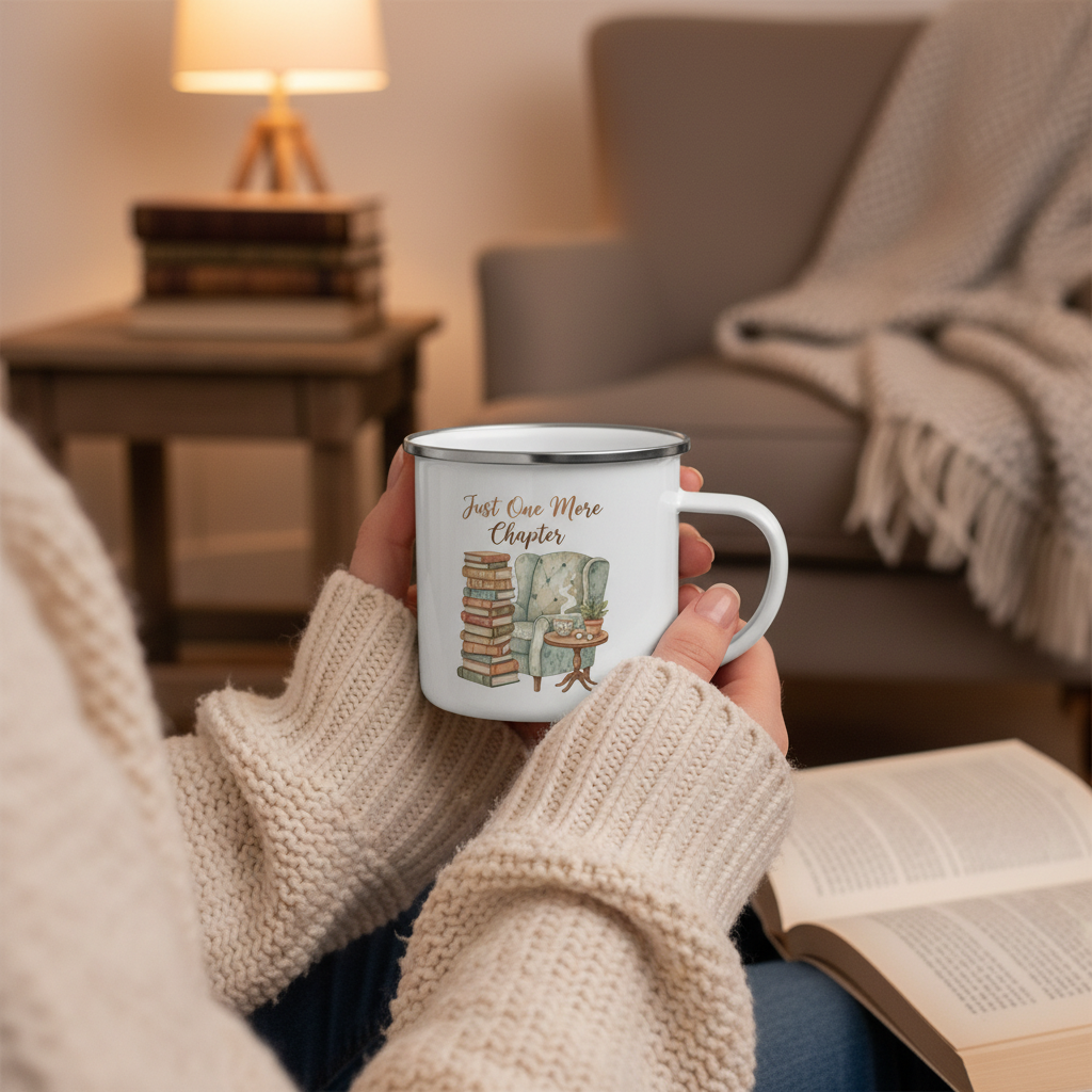 Hands holding Just One More Chapter enamel mug while reading book in cozy armchair with blanket - book lover coffee cup