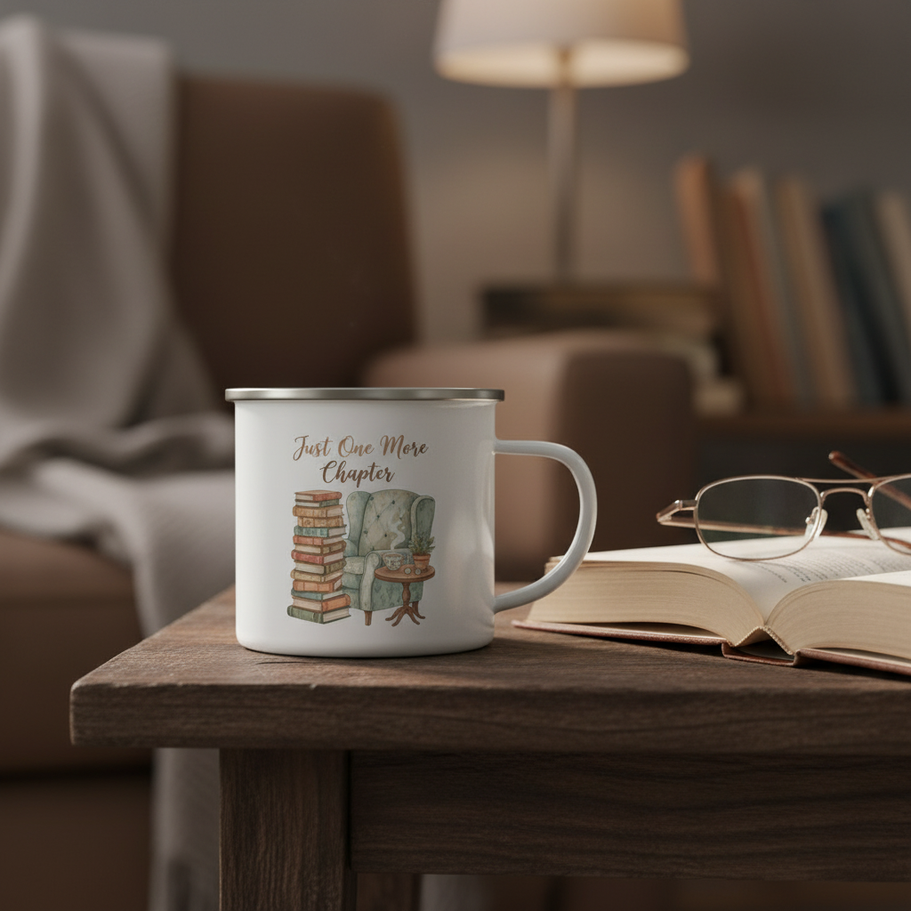 Just One More Chapter enamel mug on side table with open book and reading glasses - literary coffee cup for bookworms