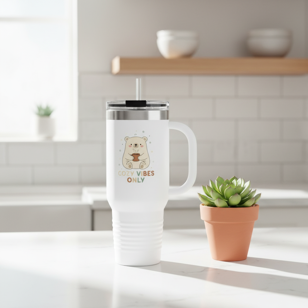 White 40oz insulated tumbler with cute polar bear holding mug and Cozy Vibes Only text on kitchen counter
