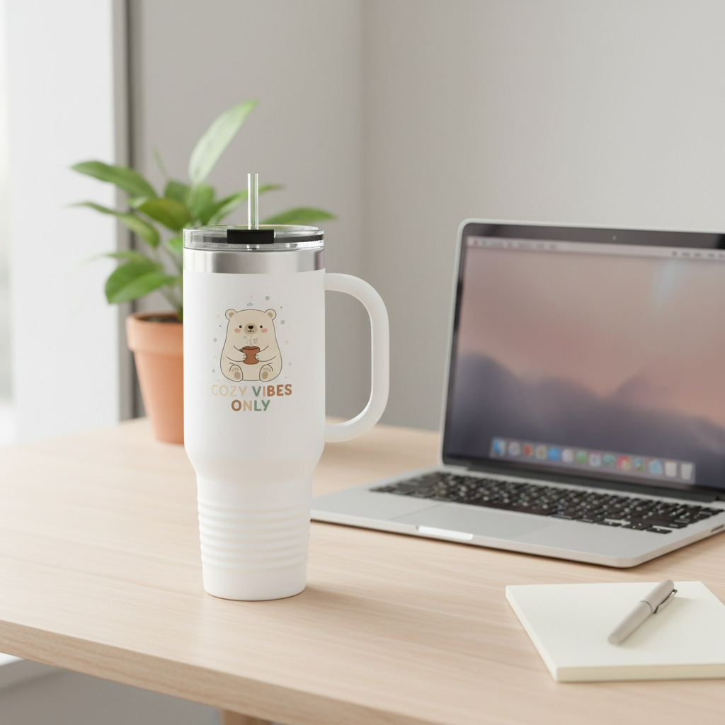 Cozy Vibes Only polar bear tumbler on wooden desk next to laptop - work from home essential