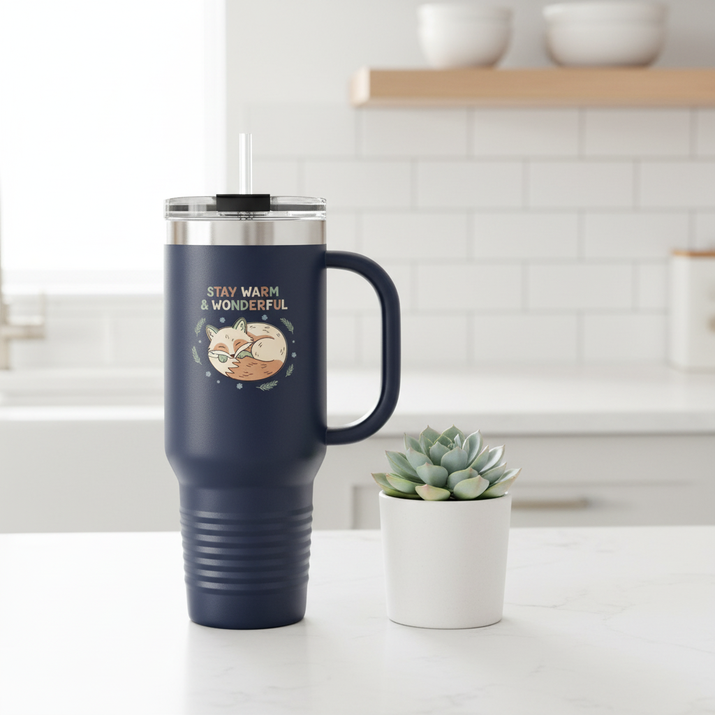 40oz navy thermal tumbler with arctic fox design on kitchen counter next to succulent plant