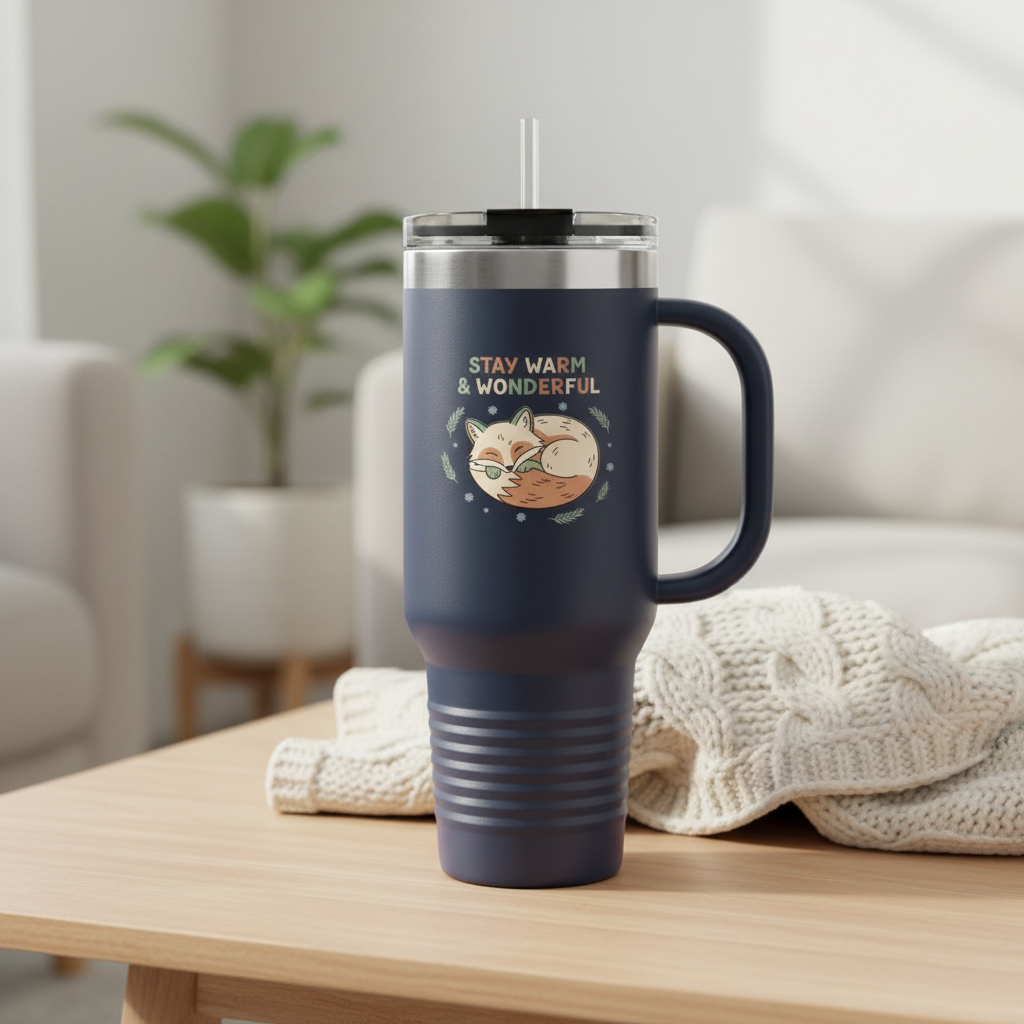 Navy 40oz insulated tumbler with cute arctic fox and Stay Warm & Wonderful text on coffee table with cozy blanket