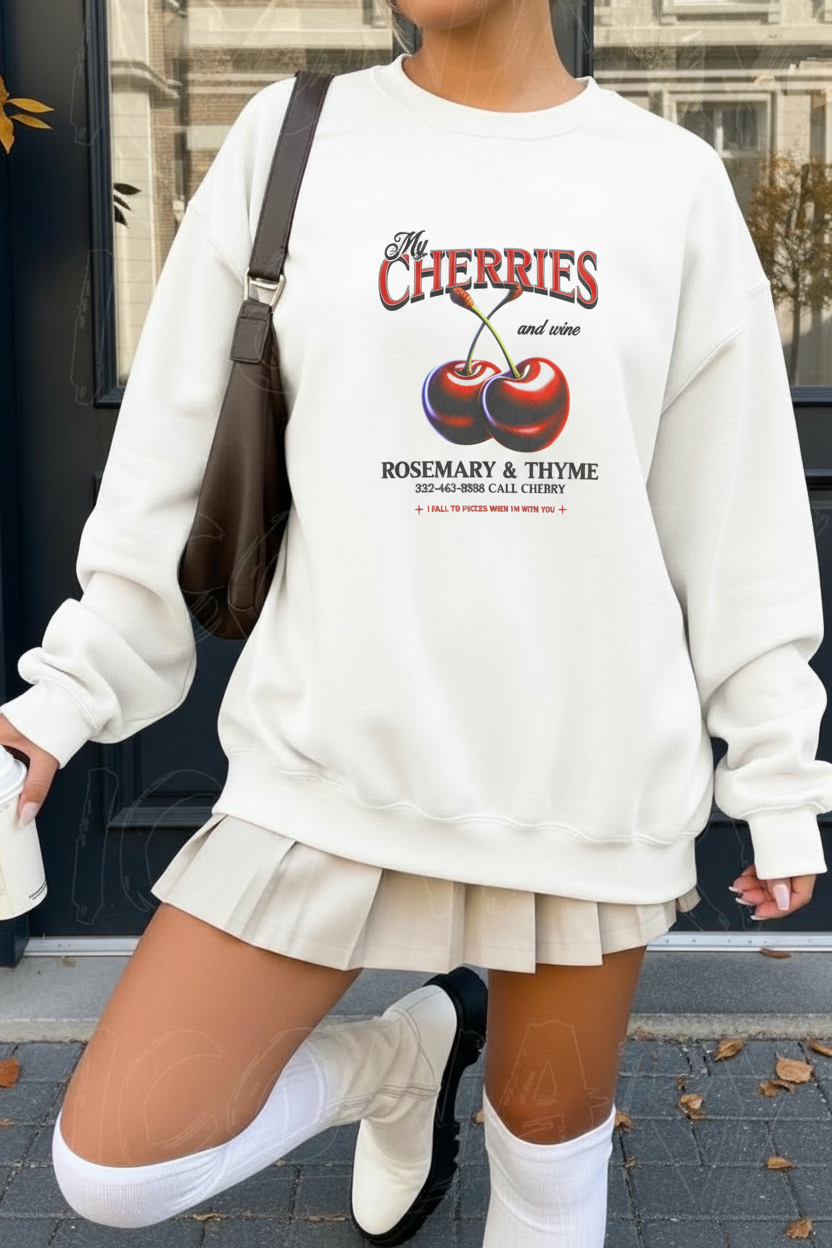 White My Cherries sweatshirt street style outdoor photo with pleated skirt

