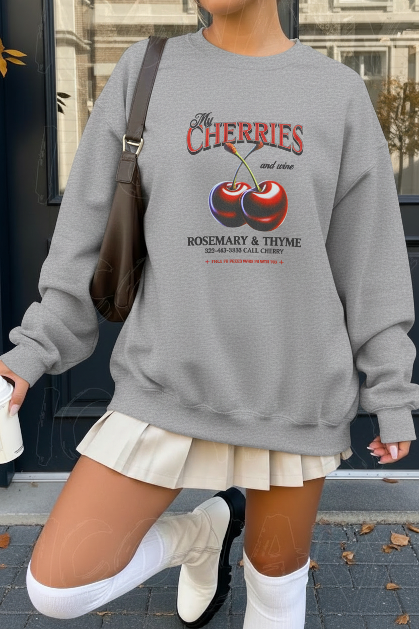Light grey My Cherries vintage graphic sweatshirt street style look