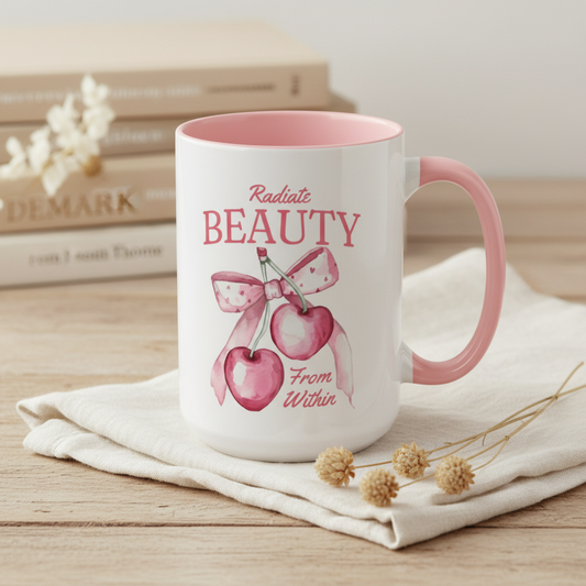 Radiate beauty coffee mug cherry accent pink ceramic cup motivational 11oz 15oz gift
