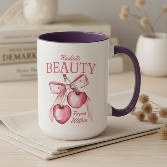 Radiate Beauty Cherry Accent Coffee Mug — 'Radiate Beauty From Within' 11/15oz