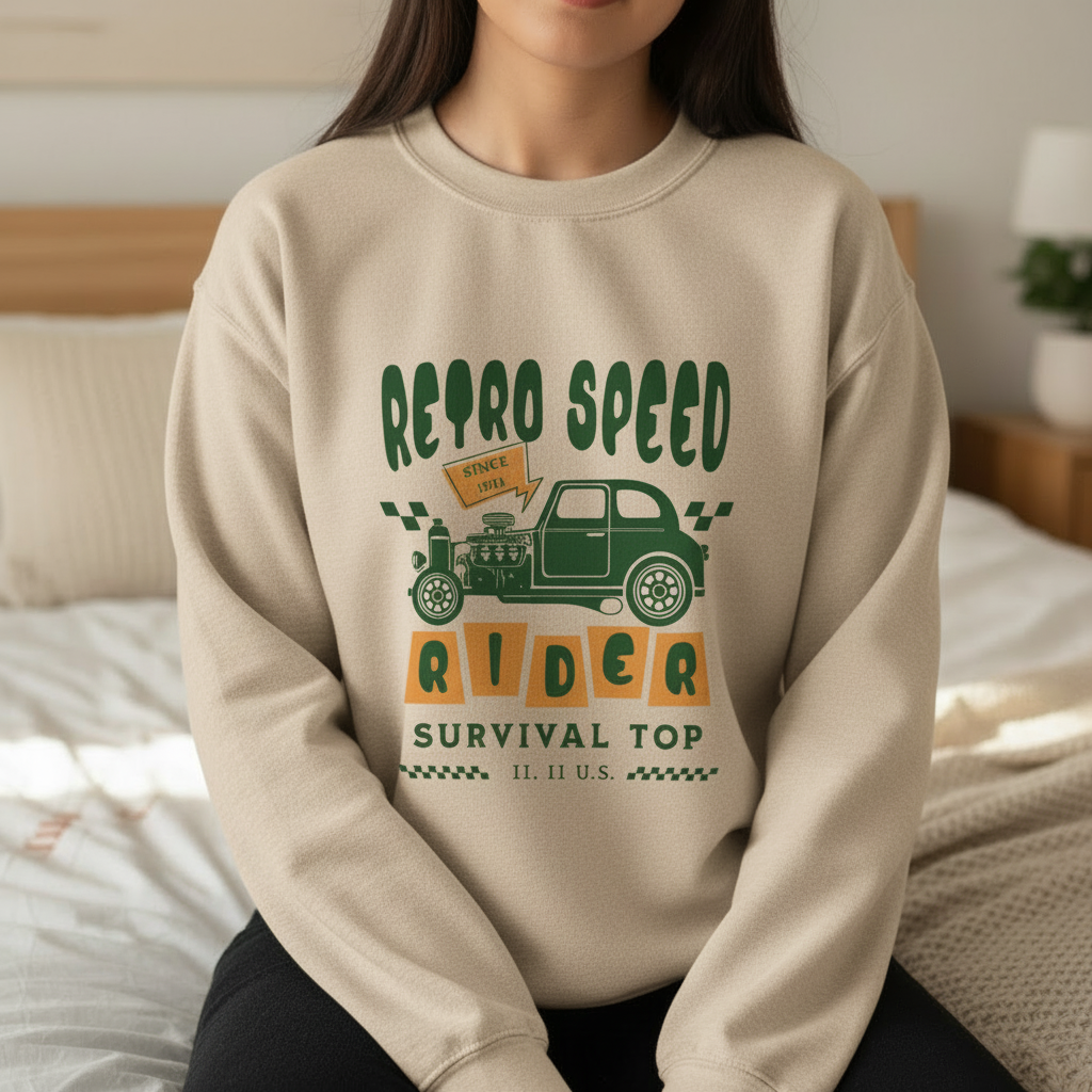 Retro Speed Rider sweatshirt in natural sand beige with vintage truck design - lifestyle photo