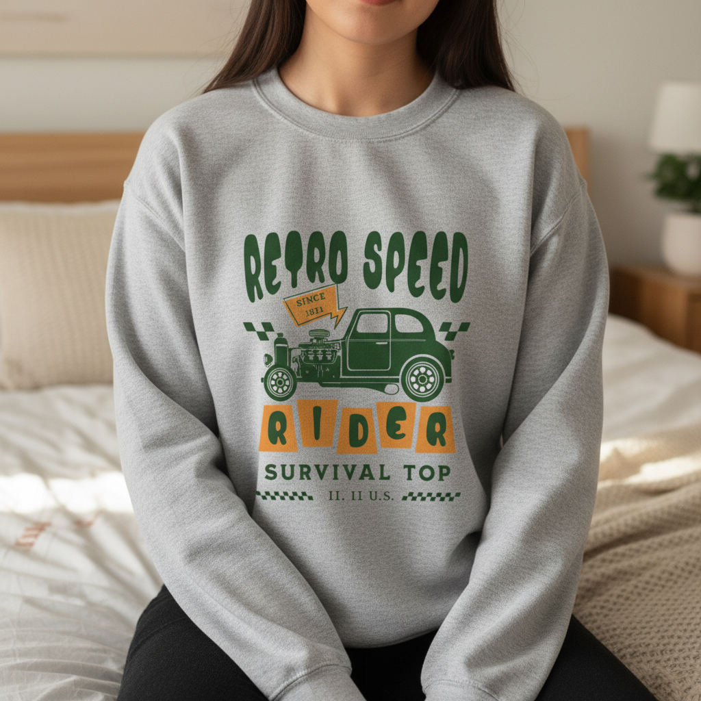 Retro Speed Rider sweatshirt in sport grey with retro automotive graphic - casual crewneck style