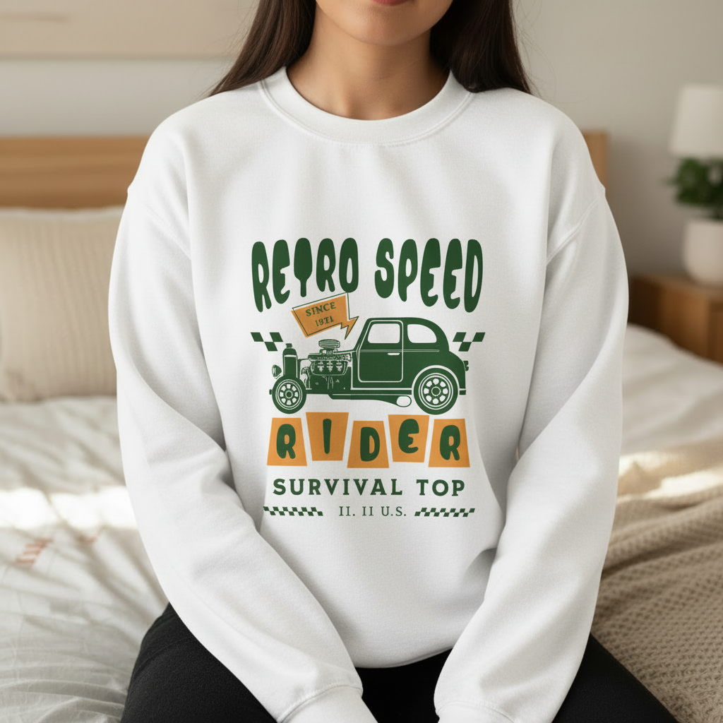 Retro Speed Rider sweatshirt in white with vintage green truck graphic - woman wearing crewneck on bed