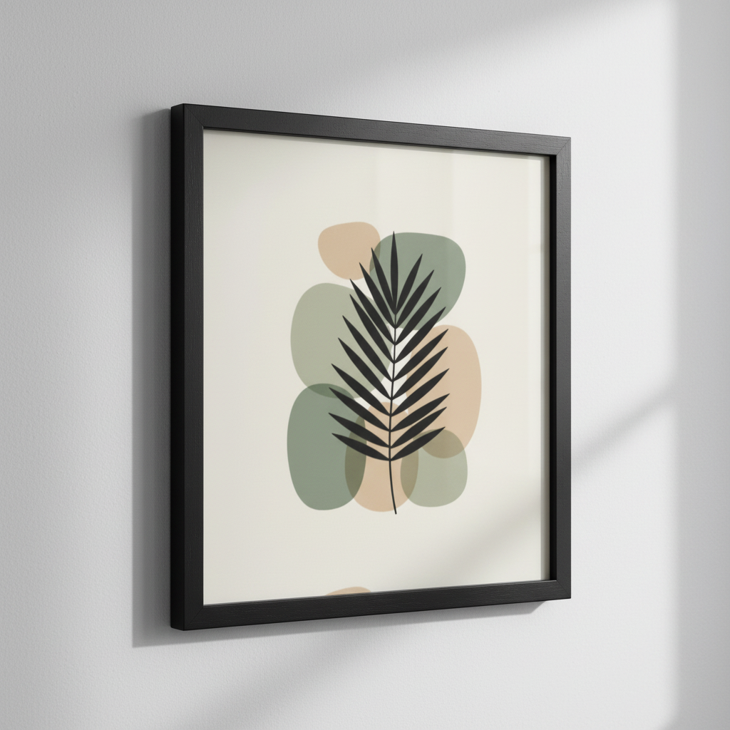 Minimalist botanical palm leaf art print in black square frame on white wall