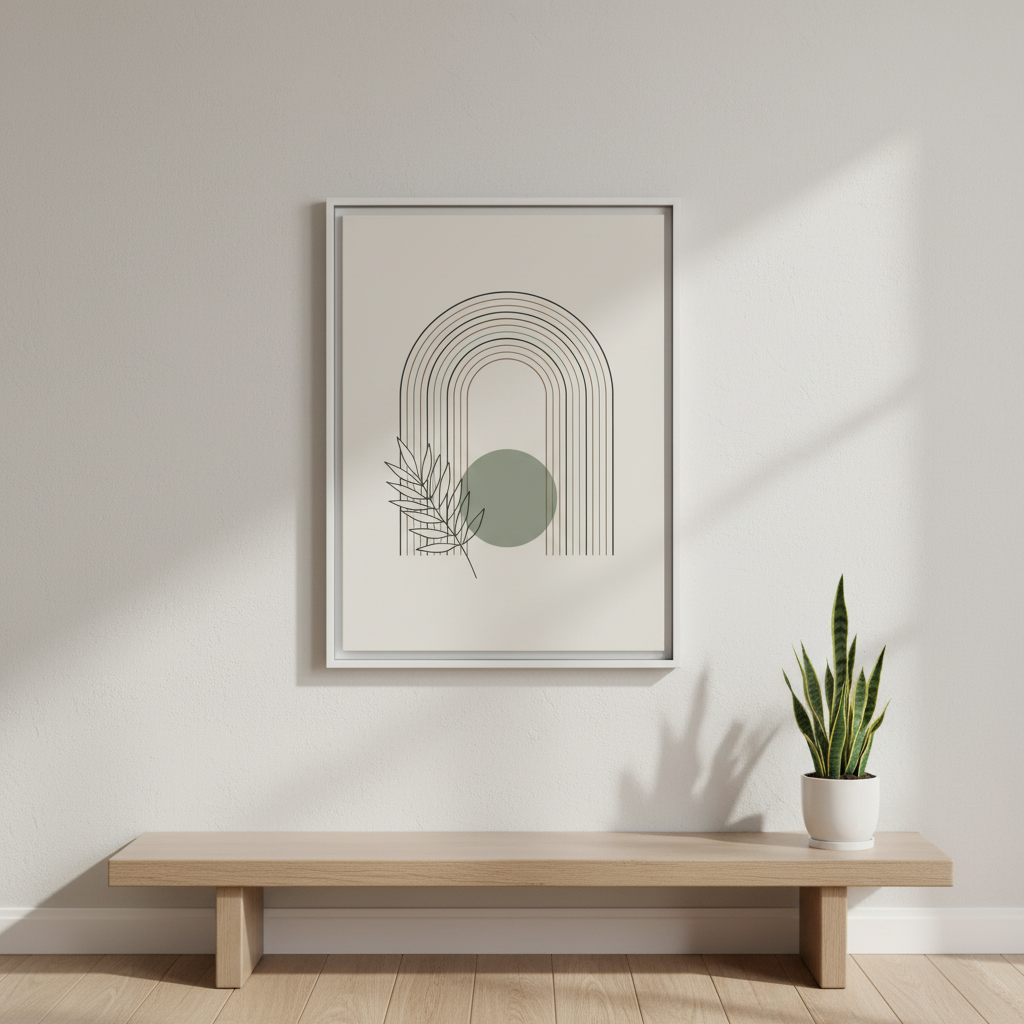 Botanical arch framed poster with geometric design and palm leaf above wooden console table with plant