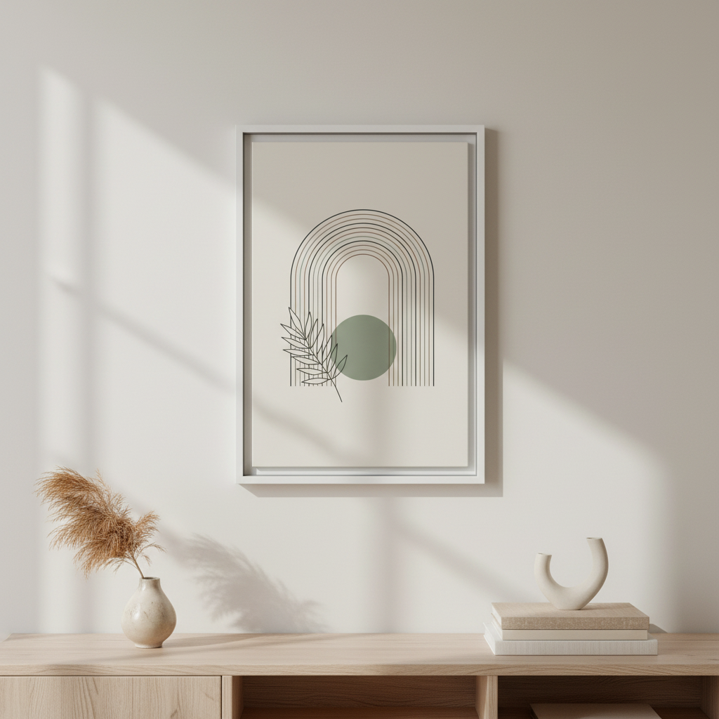 Geometric botanical poster with arch design on shelf with decorative vase in modern interior