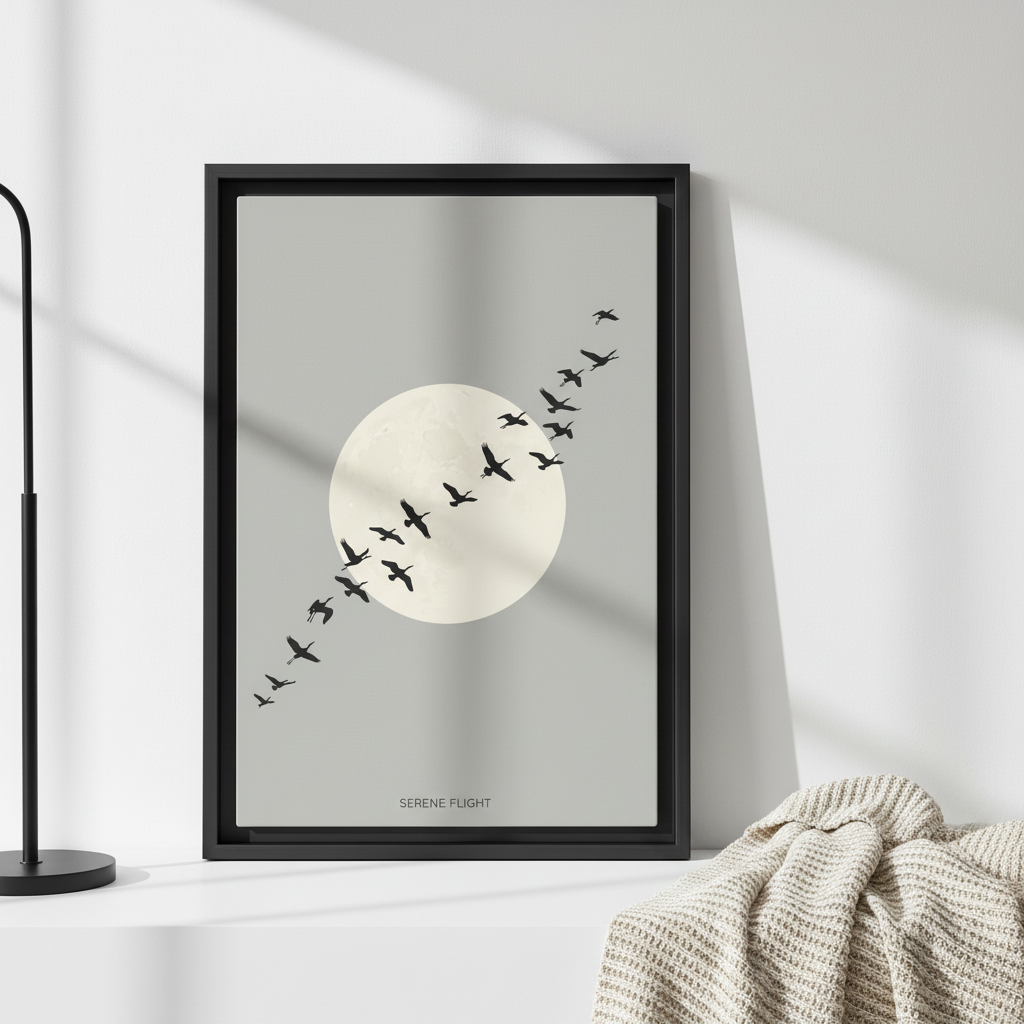 Serene Flight framed poster with birds and moon in black frame on white shelf with lamp and blanket