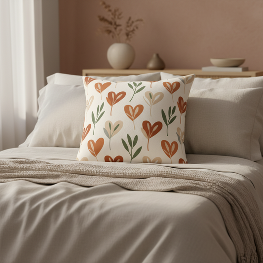 Terracotta and sage heart leaf decorative pillow styled on white bed linens