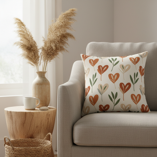Boho heart floral cushion on neutral armchair with pampas grass decor