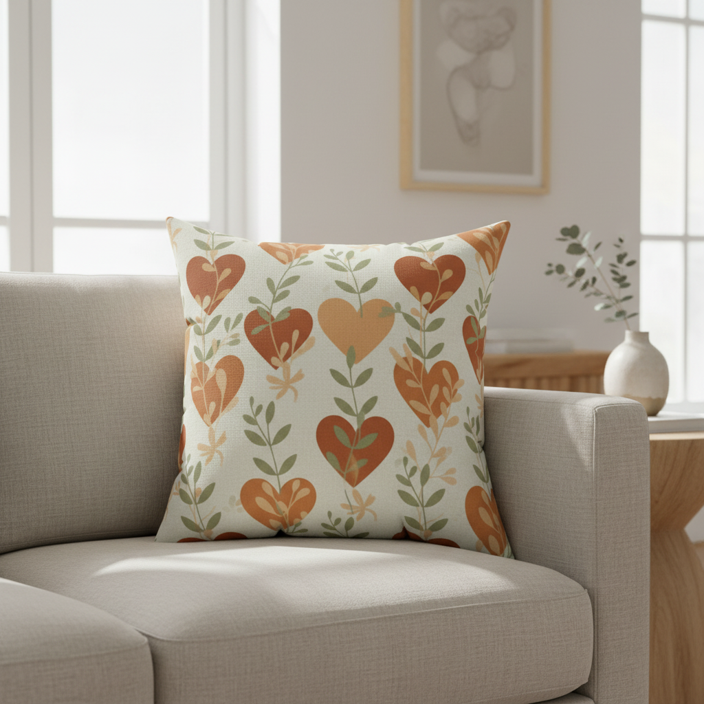 Watercolor heart throw pillow with terracotta and sage green leaf pattern on neutral gray sofa in bright living room