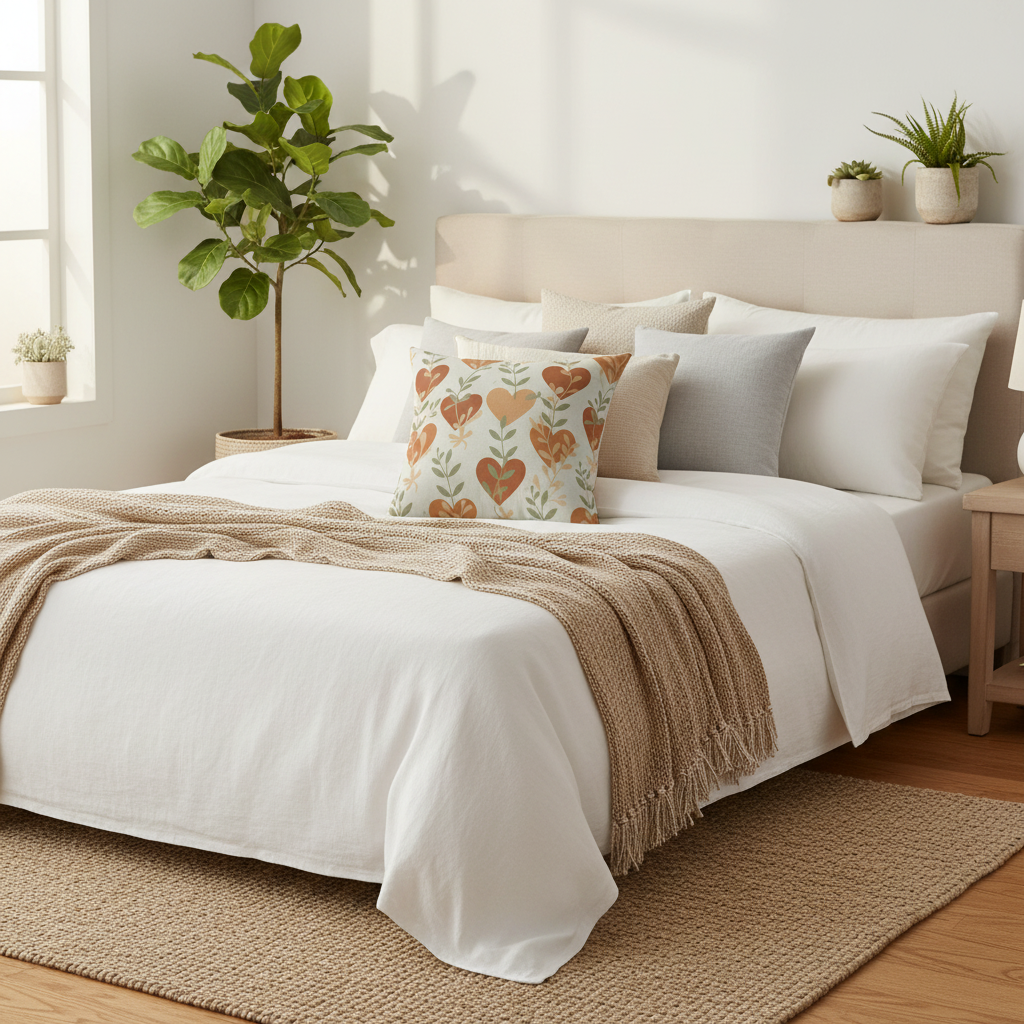 Earthy floral heart pillow styled on white bed with neutral bedding and plants in serene bedroom decor