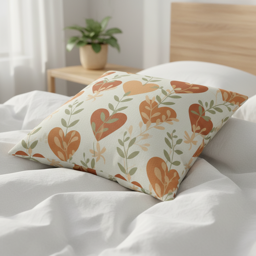 Close-up of Watercolor heart accent cushion with terracotta sage and beige hearts on cozy bed linens