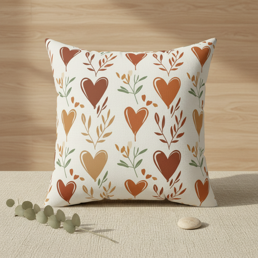 Boho heart throw pillow with terracotta and sage botanical pattern on beige linen surface