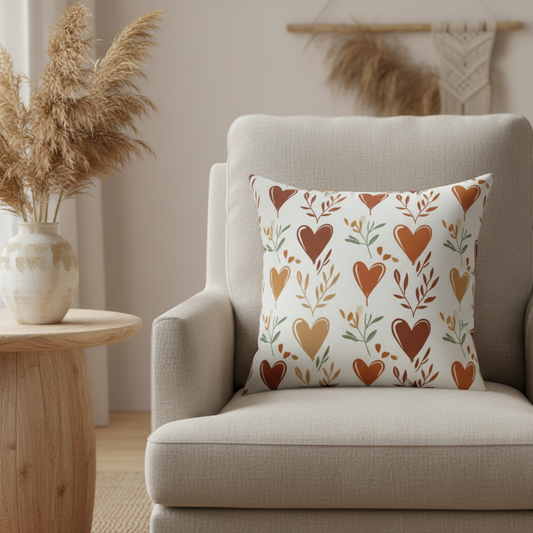  Terracotta heart decorative pillow styled on neutral armchair in modern living room