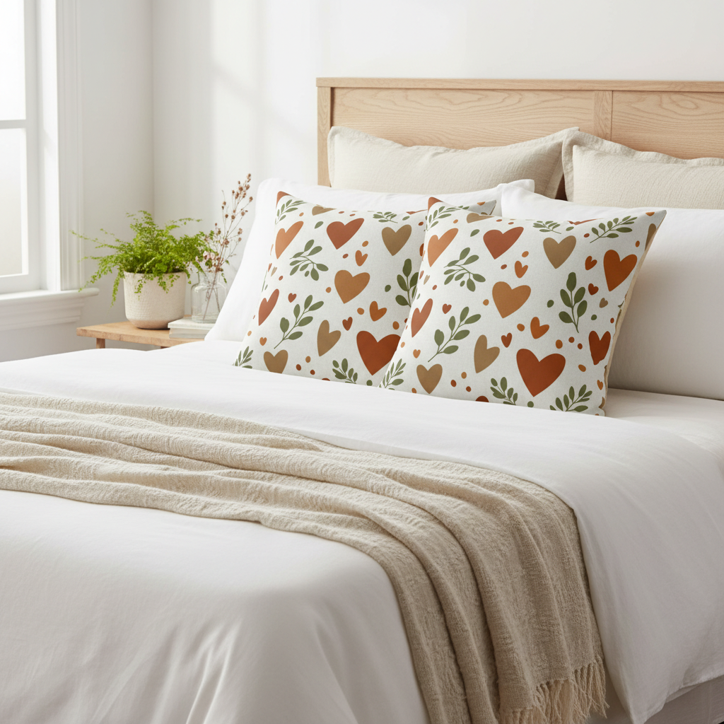 Two hearts and botanical leaves decorative pillows styled on white bed