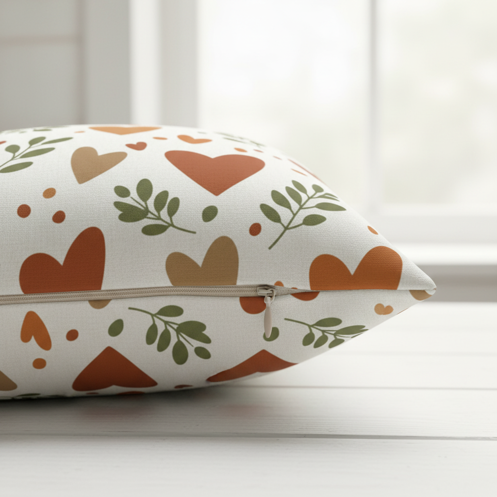 Close-up of hearts and leaves throw pillow showing zipper detail
