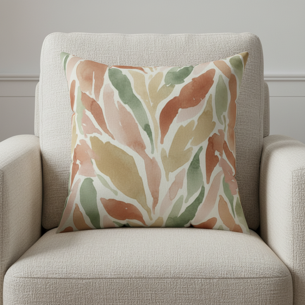  Abstract watercolor throw pillow in terracotta sage and earth tones on beige armchair
